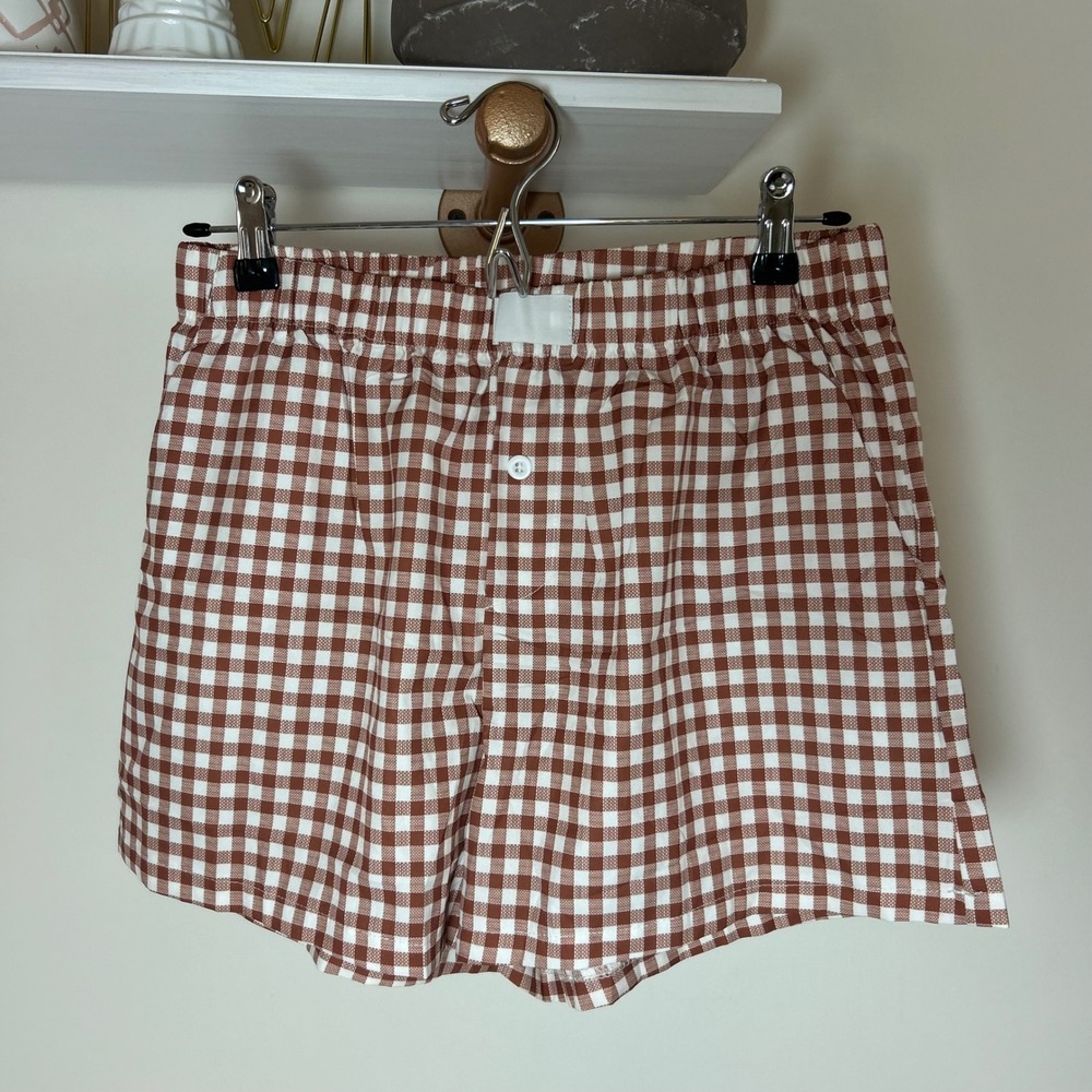 Gingham Boxer Shorts Brown White Checkered Elastic Waist Shorts Medium